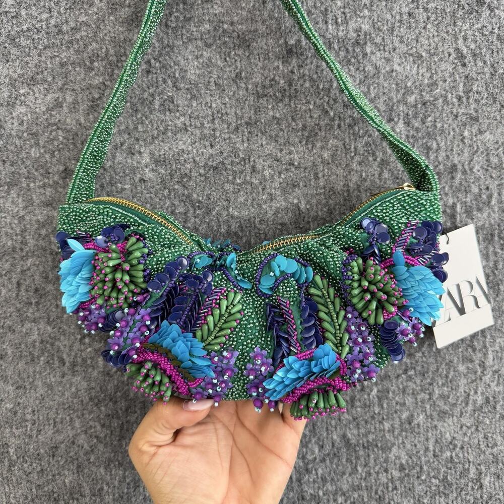 Zara Beaded Floral Shoulder Bag Green Embellished Party Cocktail Purse Artsy - Picture 3 of 12